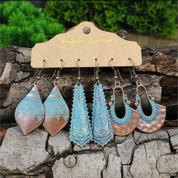 BRONZE copper turquoise boho earring bundle - Picture 2 of 6